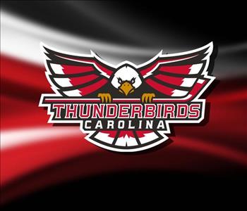Carolina Thunderbirds logo. White and Red Eagle holding the word 