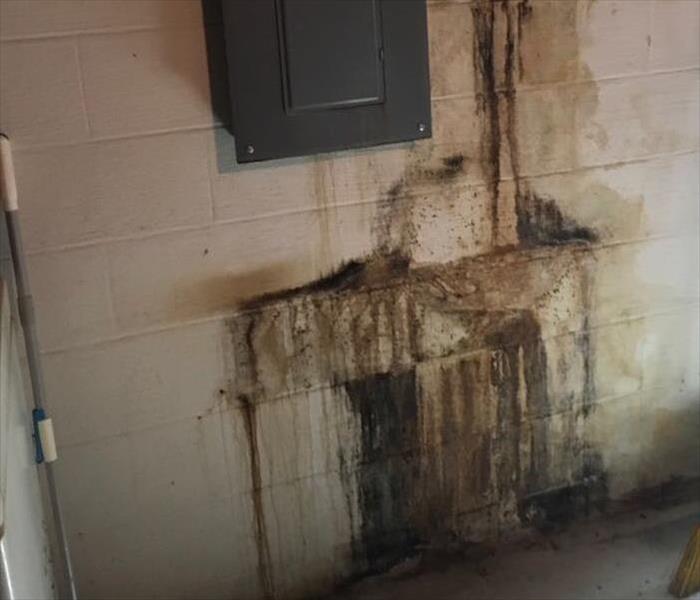 There are lines of water damage next to an electrical breaker box in a commercial building